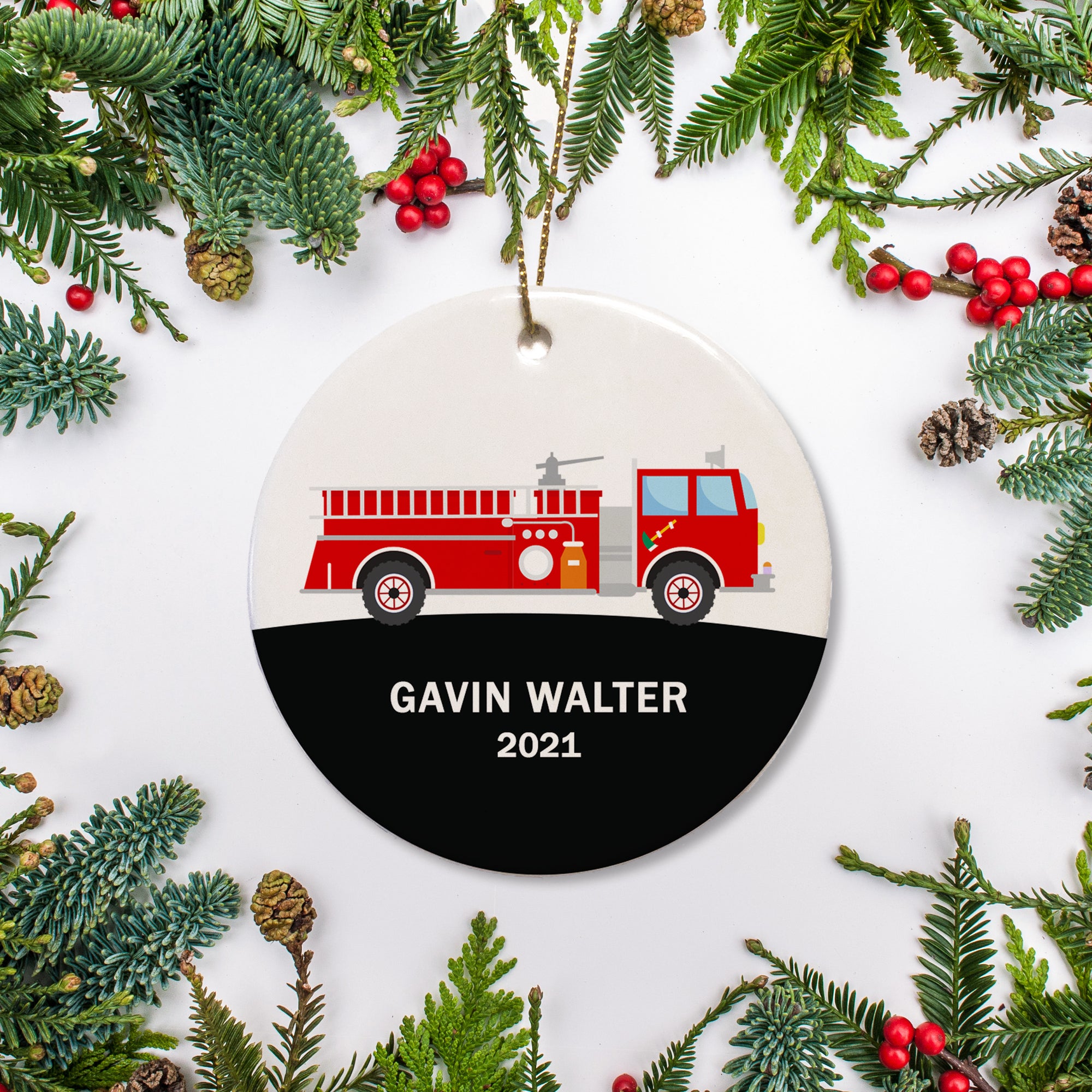 Red ladder fire engine truck personalized Christmas Ornament. Add name and year of your choice. PIPSY.COM