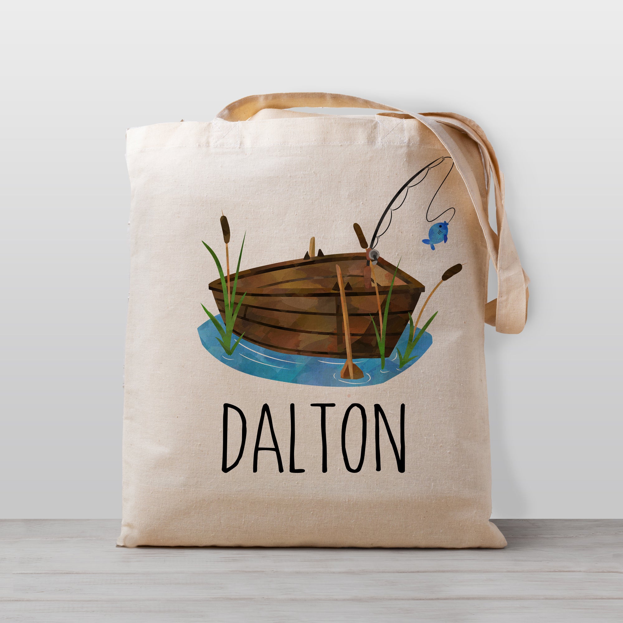 Personalized fishing boat tote bag, lightweight and easy for kids to carry, 100% natural cotton canvas