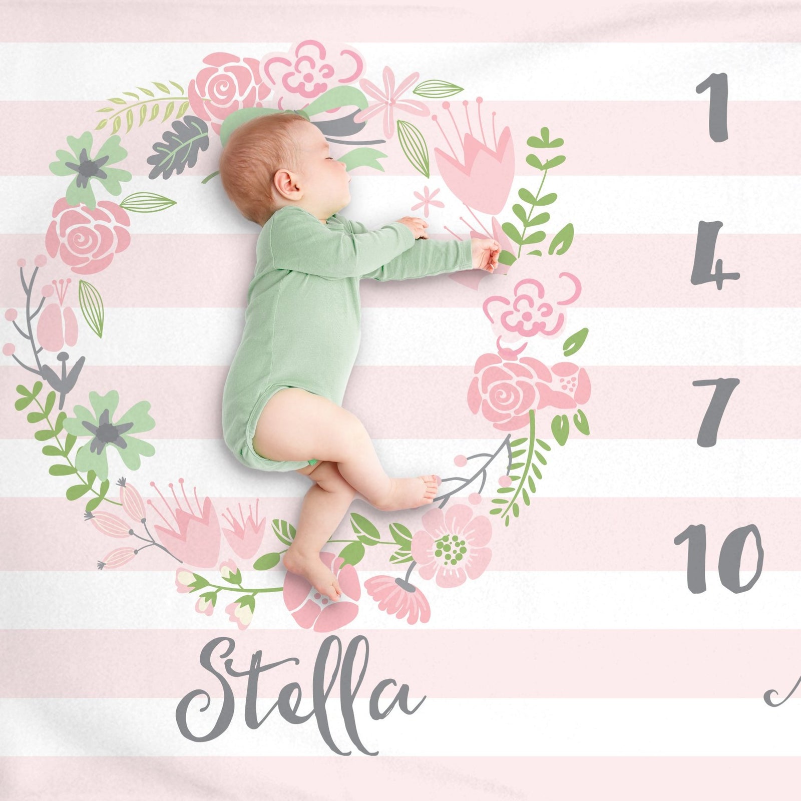Floral Wreath Milestone Blanket, Soft Pink Stripes, Personalized with Baby's Name