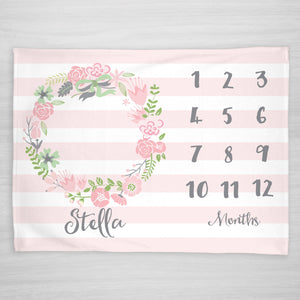 Floral Wreath Milestone Blanket, Soft Pink Stripes, Personalized with Baby's Name