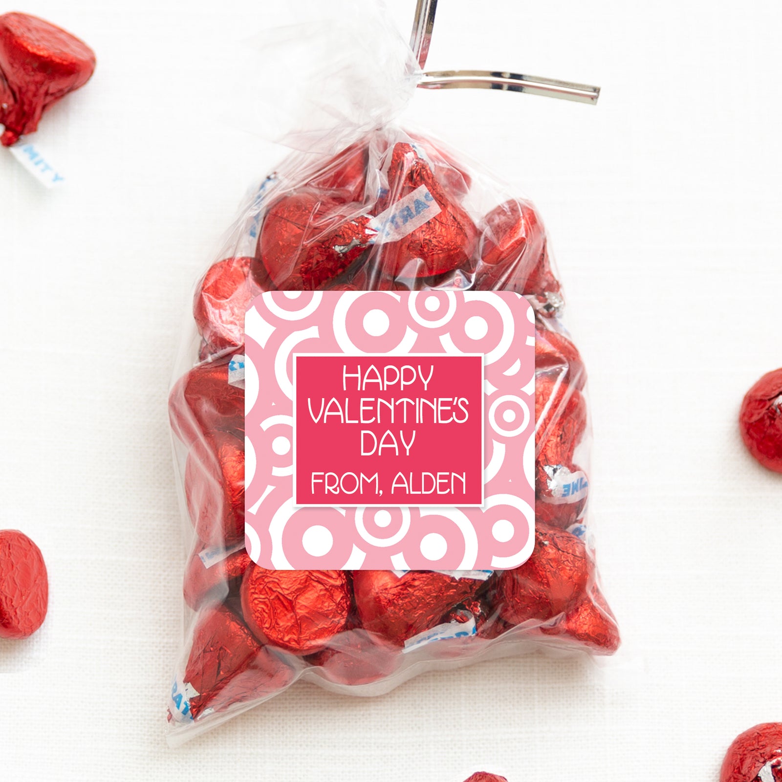 Valentine's Day Class Stickers - Funky Circles in Pink | 2.5" Square Valentine's Day Sticker for candy bag | Classroom Party | Personalized stickers | PIPSY.COM