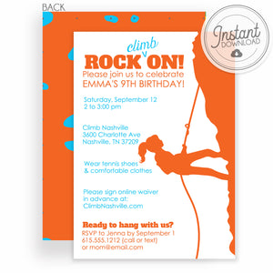 Girl rock climbing birthday invitation, DIY Instant Download Editable, Templett, PIPSY.COM