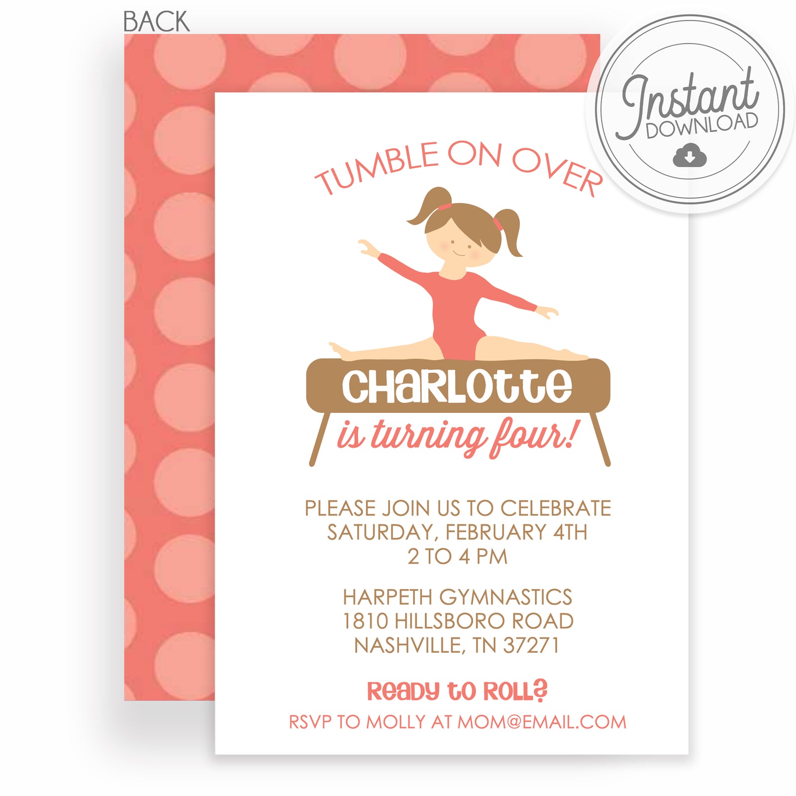 Gymnastics Girl Birthday Invitation | Edit the colors yourself | Templett Invitation | PIPSY.COM