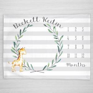 Giraffe Milestone Baby Blanket, Personalized, Soft Gray Stripes with Green wreath