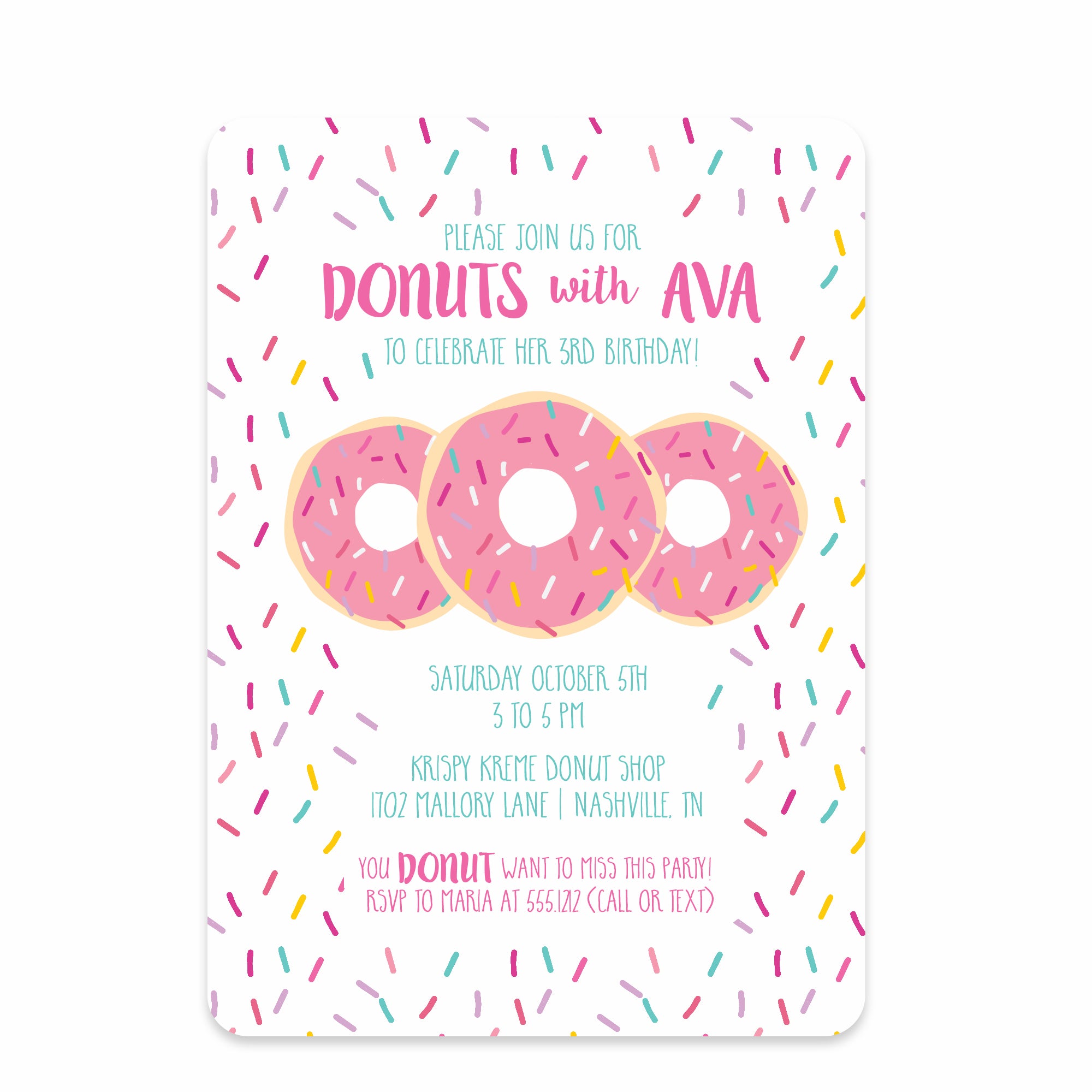 Donut Birthday Invitation, Printed on Cardstock, Pink Sprinkles, PIPSY.COM
