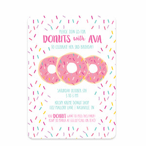 Donut Birthday Invitation, Printed on Cardstock, Pink Sprinkles, PIPSY.COM, front