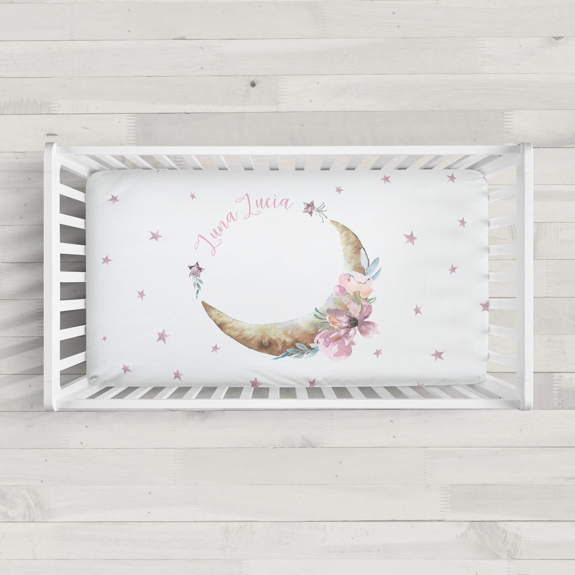 Golden moon with blush flowers and stars | Personalized Crib sheet | Celestial | Moon and stars | Pipsy.com