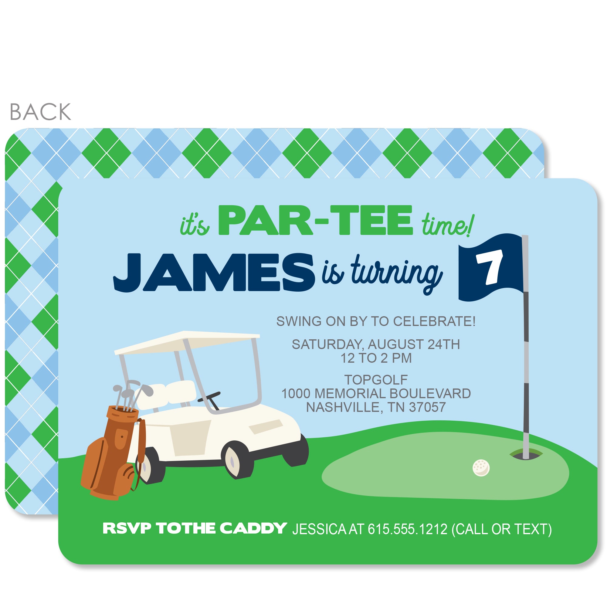 Golf Birthday Party Invitation featuring a golf cart. Printed on heavyweight cardstock from Pipsy.com