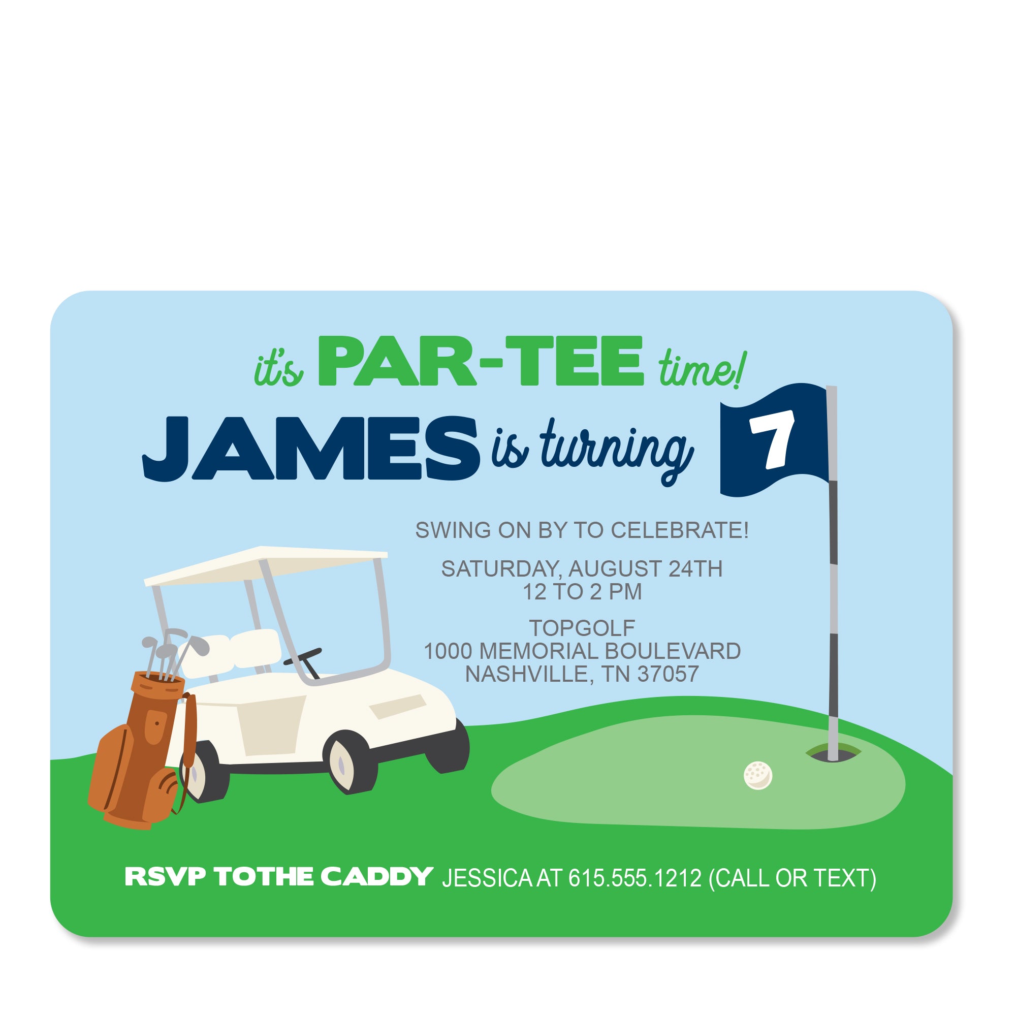 Golf Birthday Party Invitation featuring a golf cart. Printed on heavyweight cardstock from Pipsy.com, front