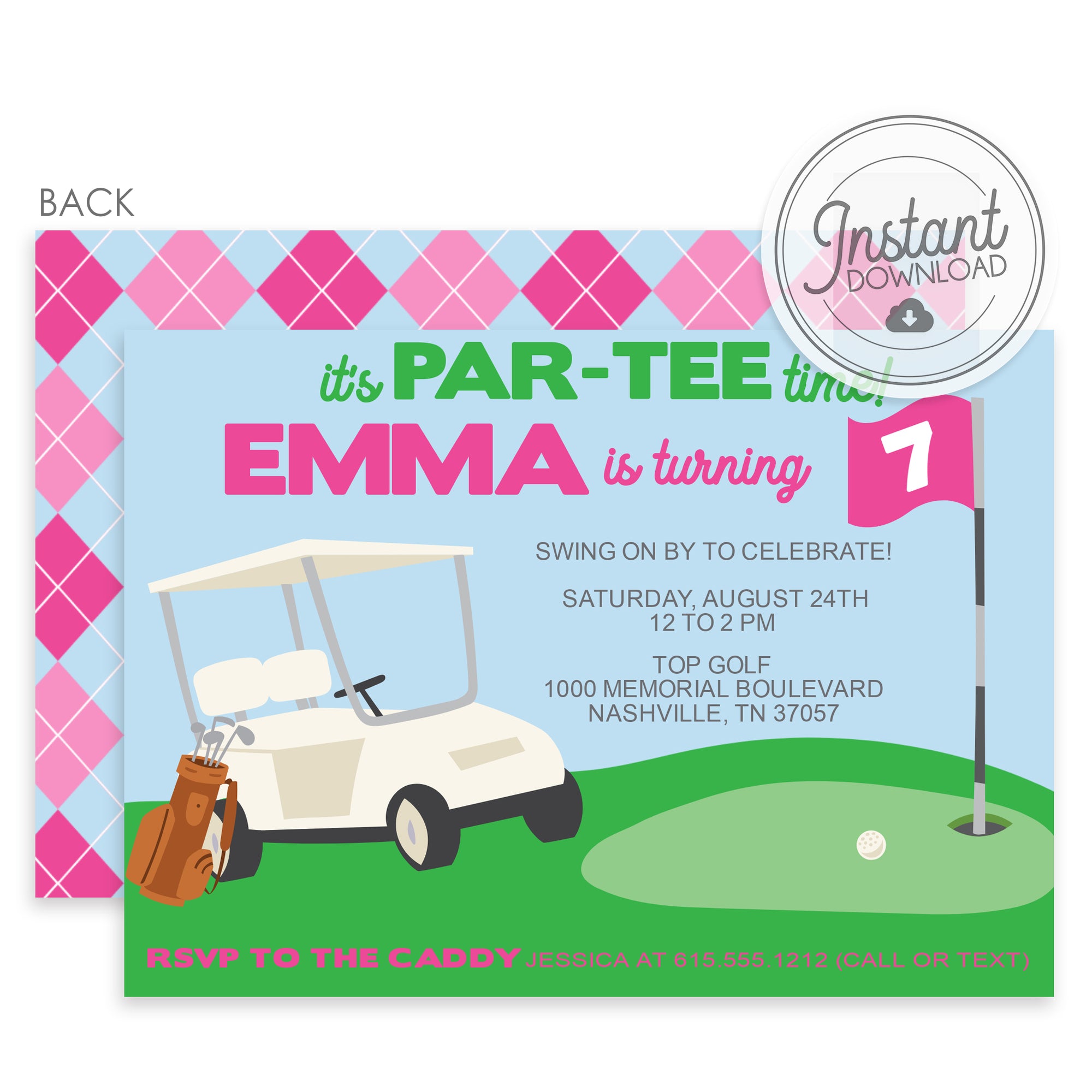 Golf Birthday Invitation PINK (DIY Templett)