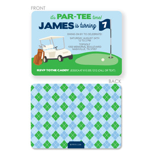 Golf Birthday Invitation printed on thick cardstock. Evelopes included, two sided print with a golf card and argyle pattern on back