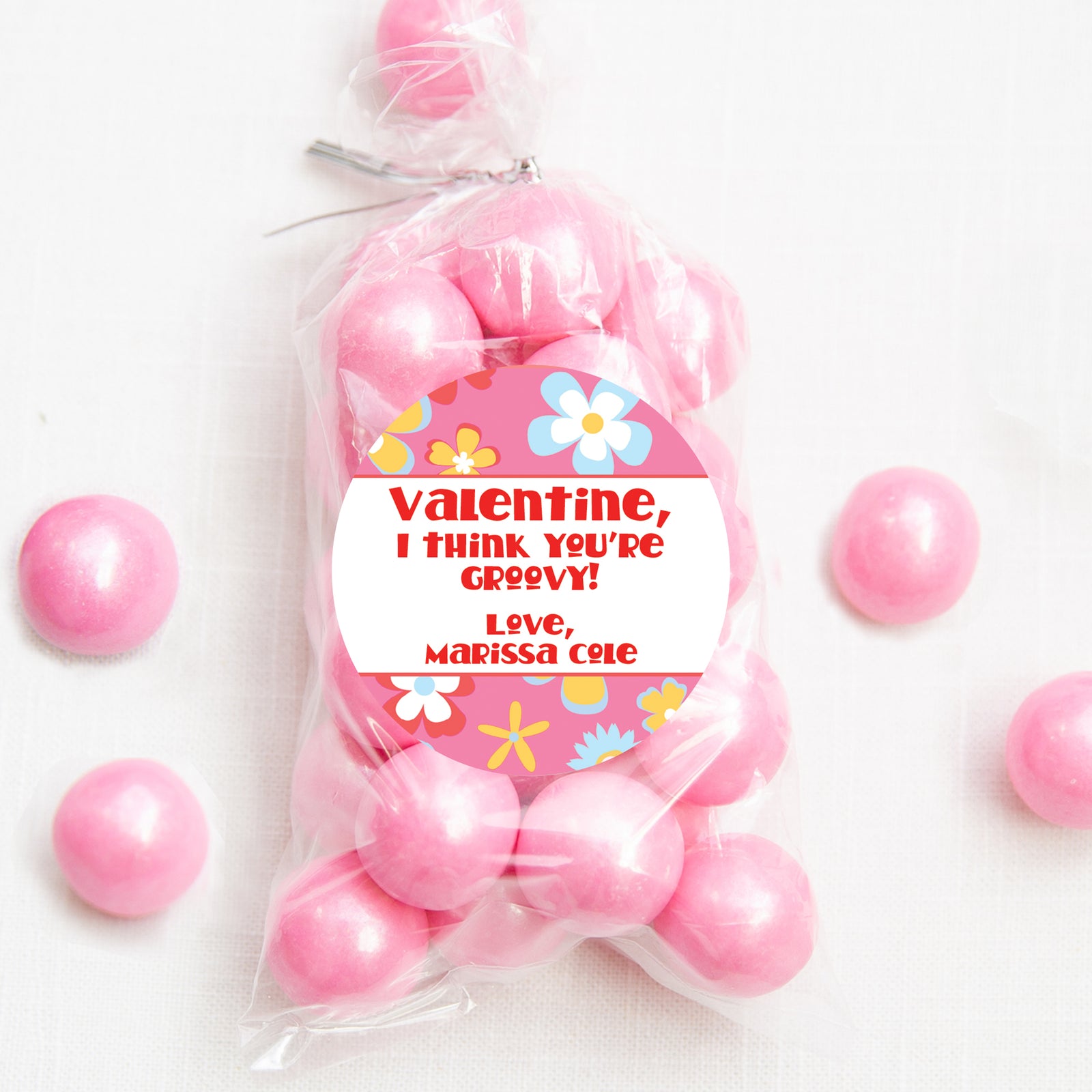 Valentine I think you're groovy | Flowers peace and love | 2.5" Round Valentine's Day Sticker for candy bag | Classroom Party | Personalized stickers | PIPSY.COM