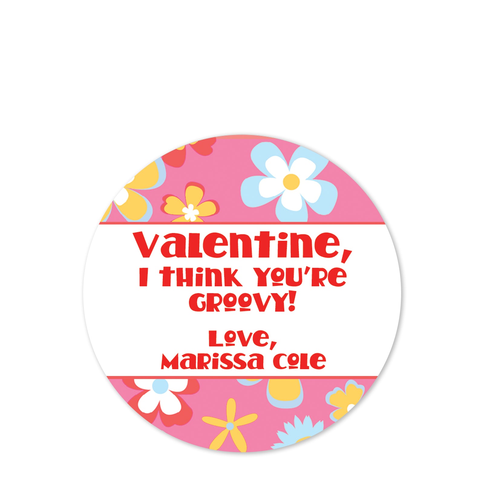 Valentine I think you're groovy | Flowers peace and love | 2.5" Round Valentine's Day Sticker for candy bag | Classroom Party | Personalized stickers | PIPSY.COM