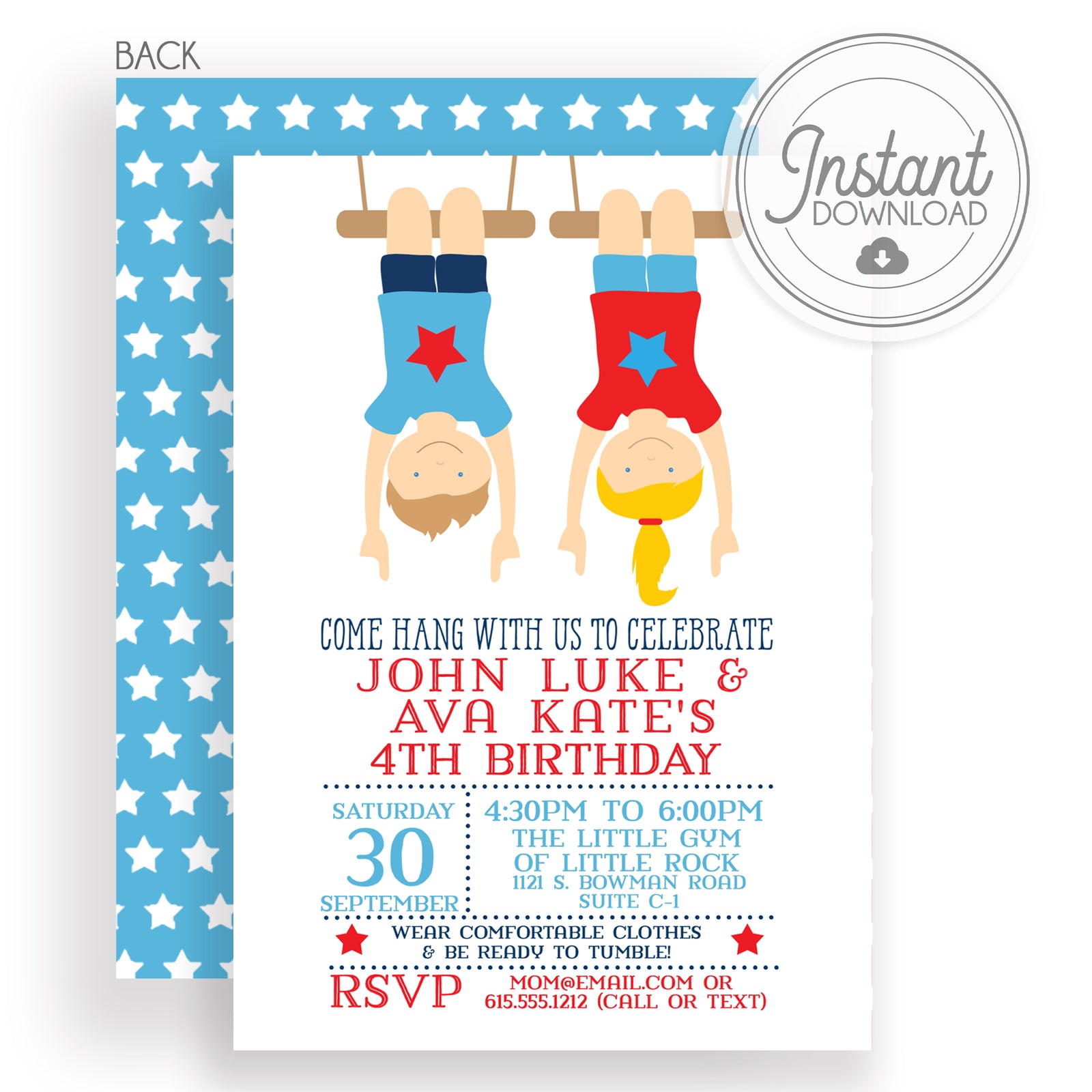 boy and girl gymnastics invitation, DIY Templett Invitation, Twins or sibling party, PIPSY.COM