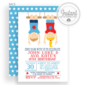 boy and girl gymnastics invitation, DIY Templett Invitation, Twins or sibling party, PIPSY.COM