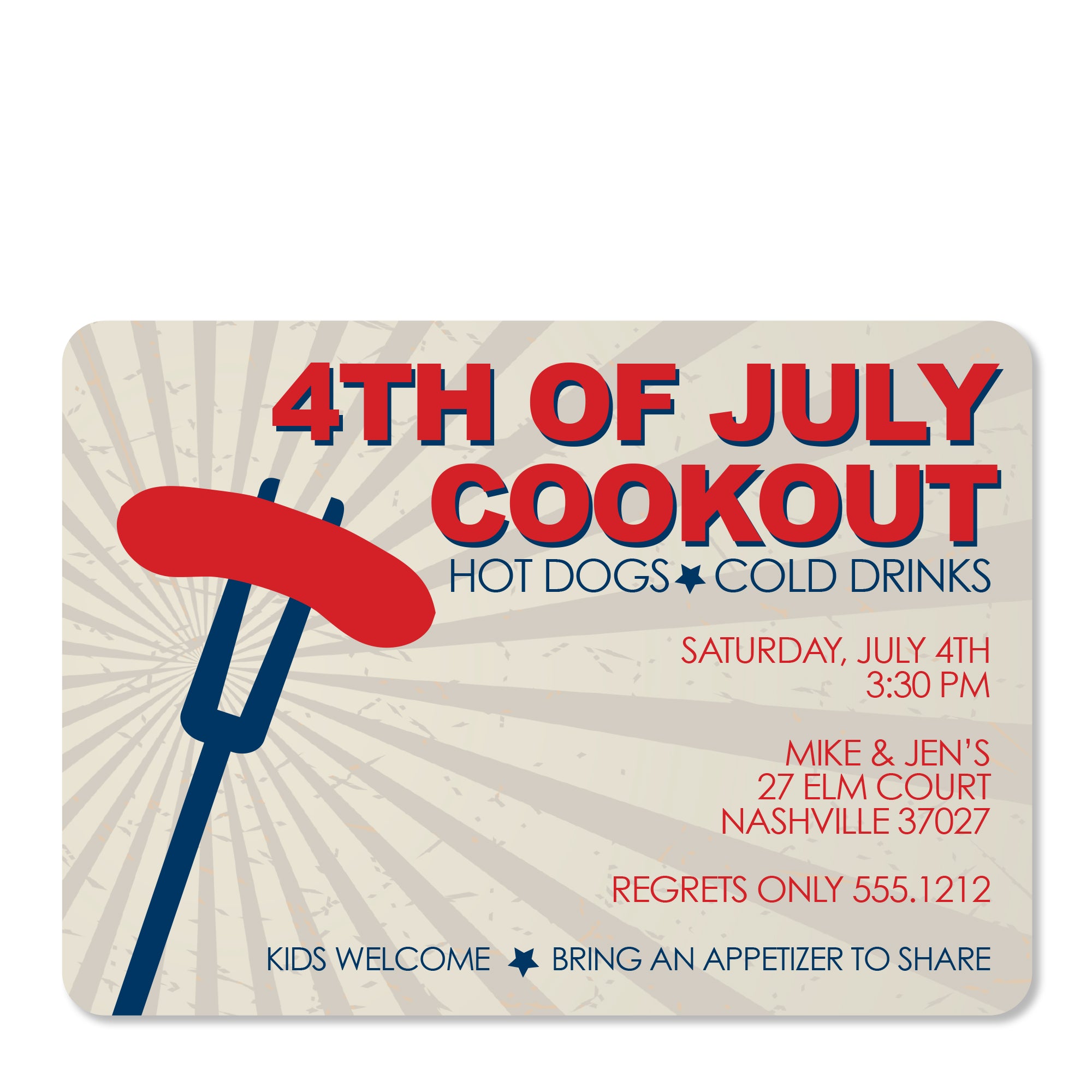 4th of July Invitation, Backyard Barbacue BBQ, Hot Dog, PIPSY.COM, front