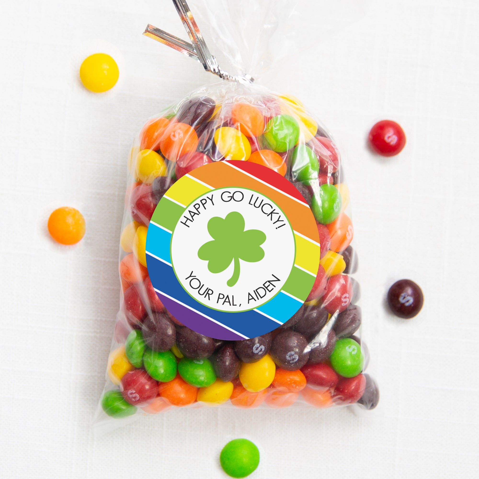 Happy Go Lucky, Rainbow shamrock Personalized Happy St. Patrick's Day class treat bag sticker, round matte stickers, 2.5", Pipsy.com