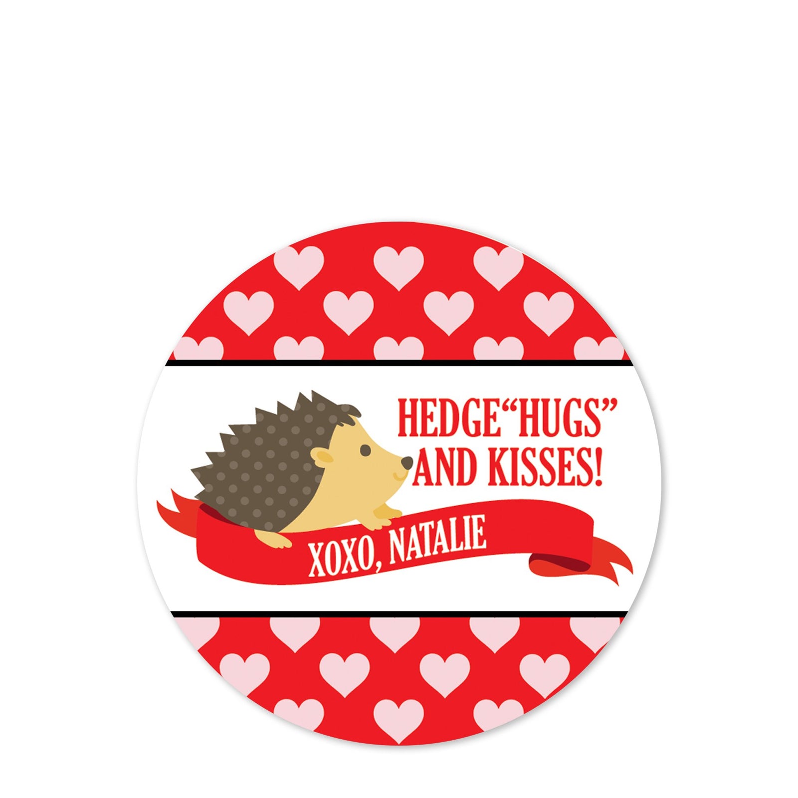 Hedge "hugs" and kisses | Hedgehog round stickers | 2.5" Round Valentine's Day Sticker for candy bag | Classroom Party | Personalized stickers | PIPSY.COM