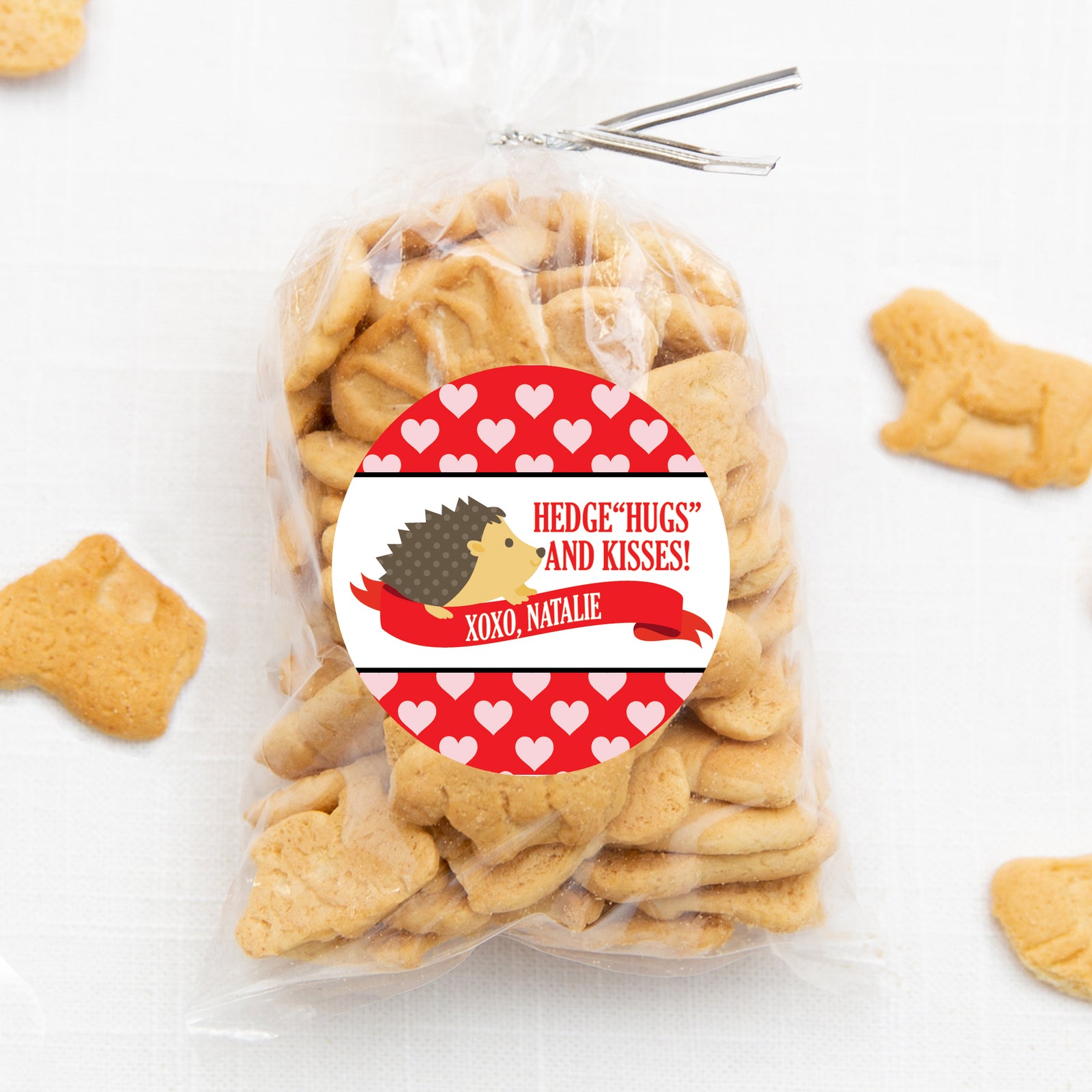 Hedge "hugs" and kisses | Hedgehog round stickers | 2.5" Round Valentine's Day Sticker for candy bag | Classroom Party | Personalized stickers | PIPSY.COM