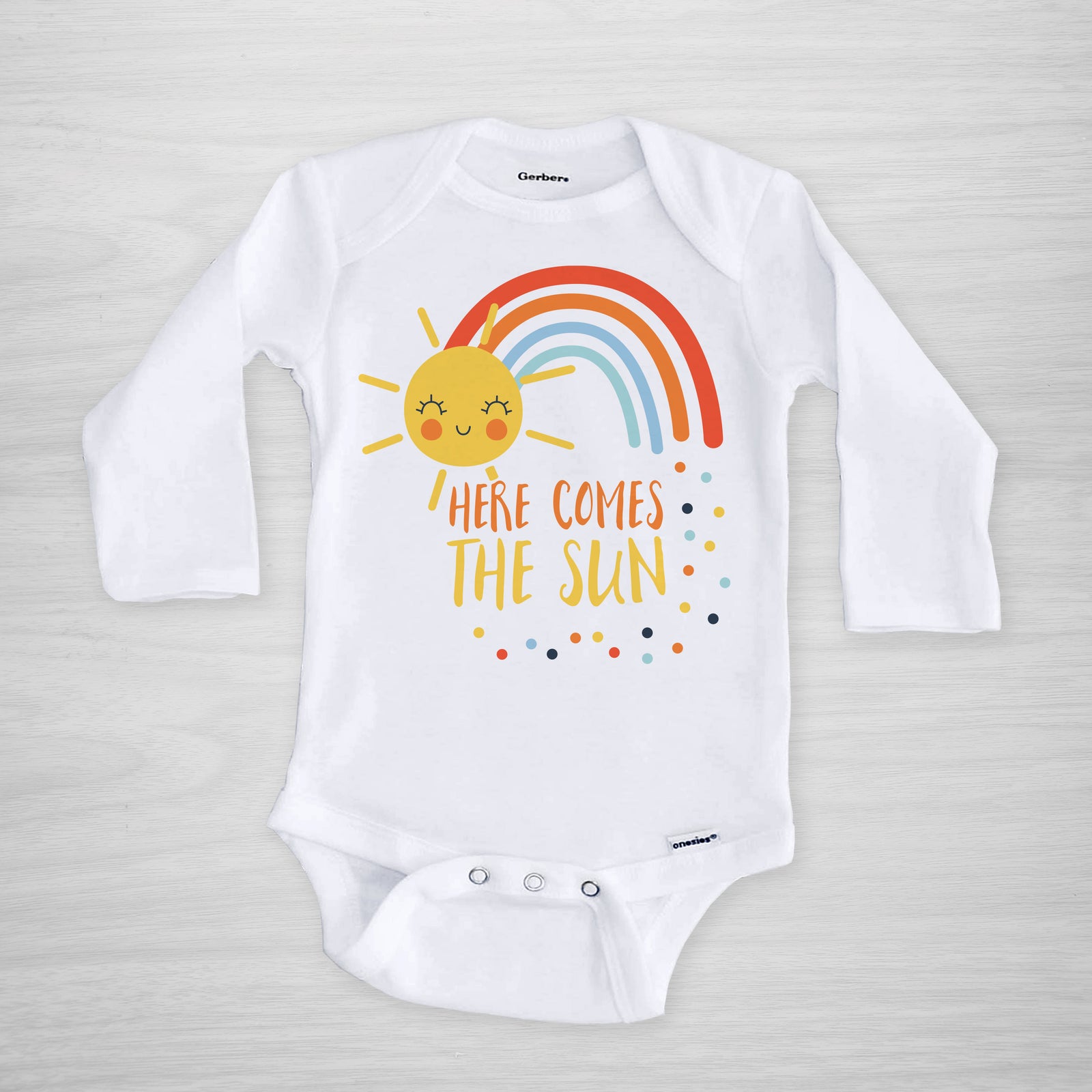 Here Comes the Sun Baby Onesie, printed on genuine Gerber Onesie®, short sleeved