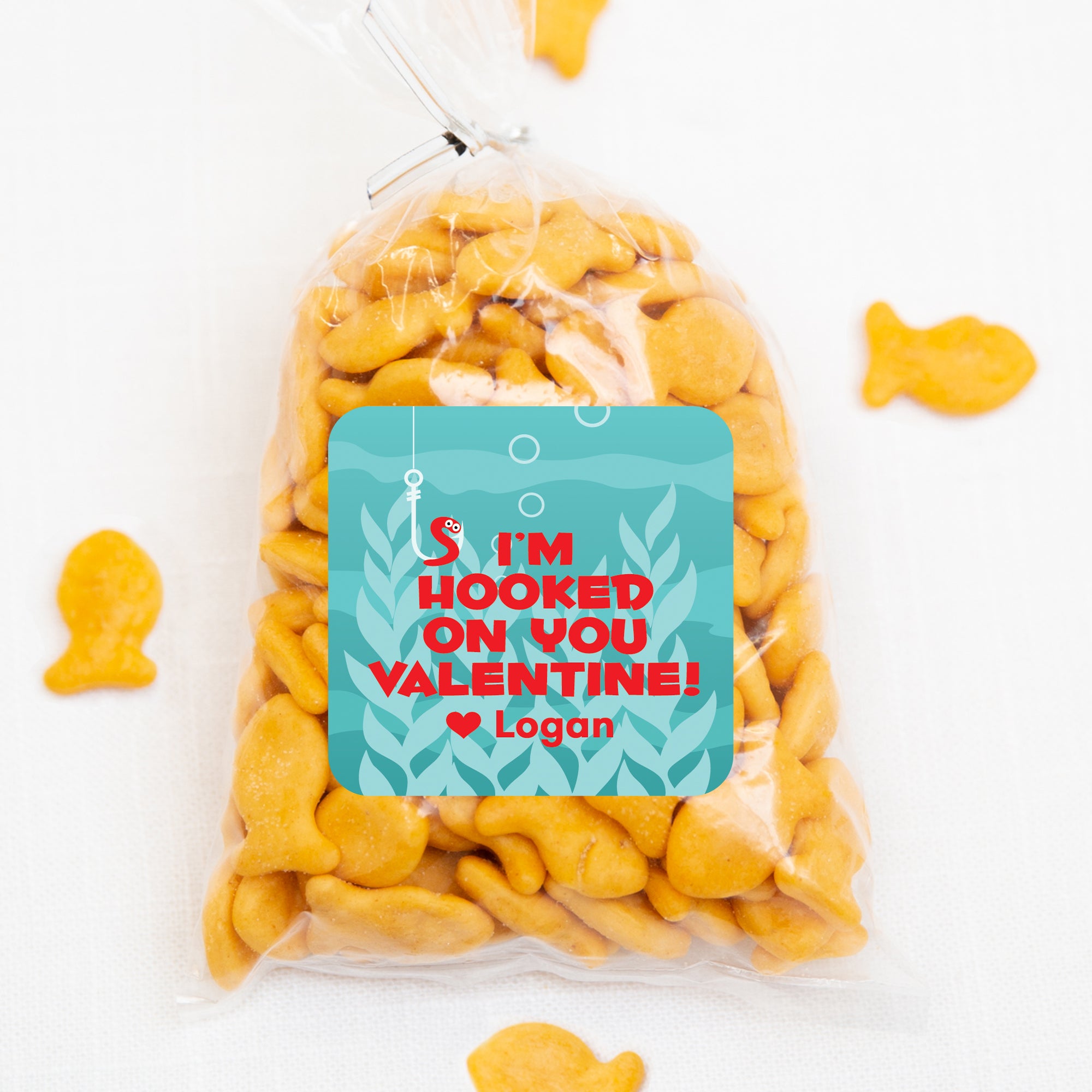 Hooked on you Valentine treat bag sticker | underwater with worm on hook | 2.5" Square Valentine's Day Sticker for candy bag | Classroom Party | Personalized stickers | PIPSY.COM