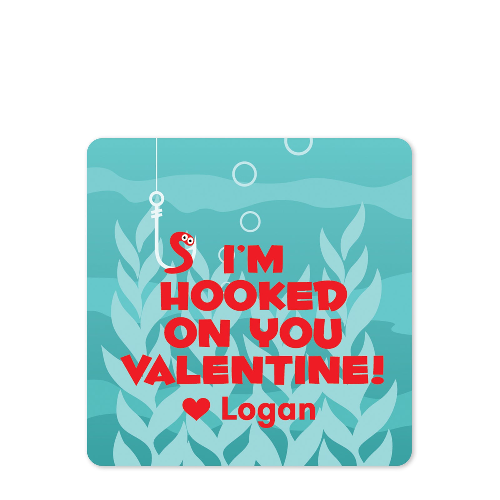 Hooked on you Valentine treat bag sticker | underwater with worm on hook | 2.5" Square Valentine's Day Sticker for candy bag | Classroom Party | Personalized stickers | PIPSY.COM