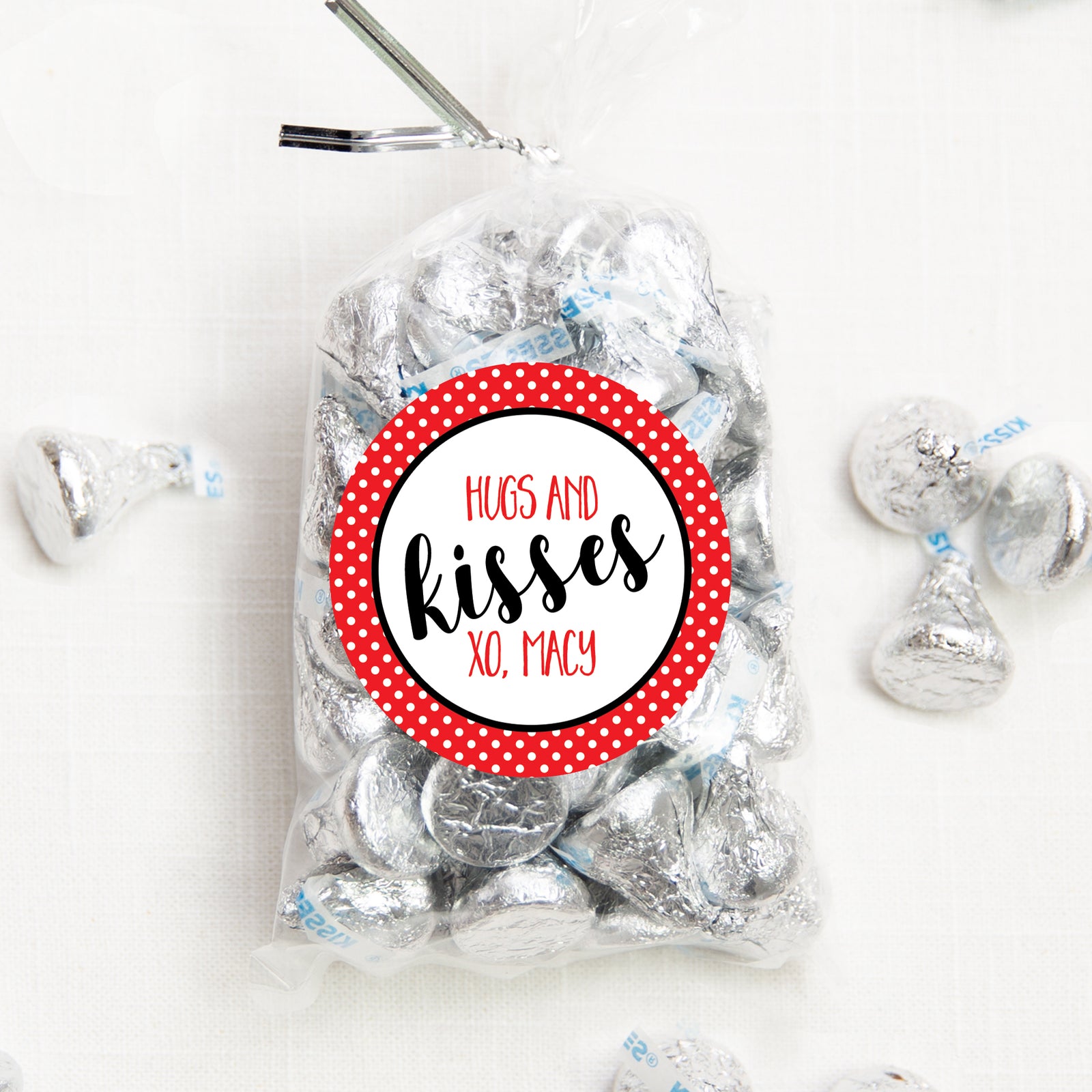 hugs and kisses, polka dots, round sticker, treat bag | 2.5" Round Valentine's Day Sticker for candy bag | Classroom Party | Personalized stickers | PIPSY.COM
