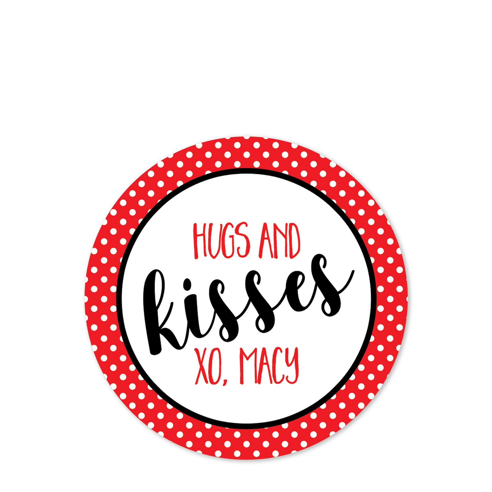 hugs and kisses, polka dots, round sticker, treat bag | 2.5" Round Valentine's Day Sticker for candy bag | Classroom Party | Personalized stickers | PIPSY.COM