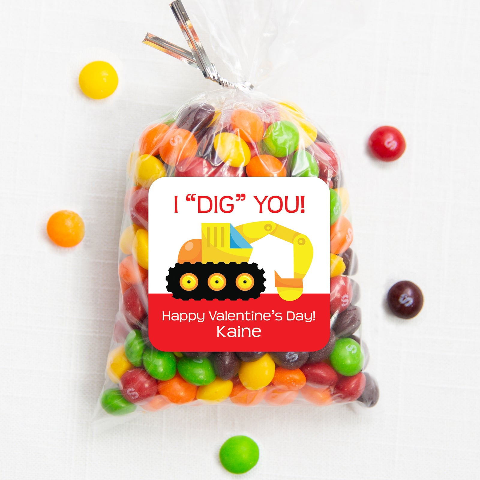  dig you Valentine's Day class stickers | backhoe | construction sticker | 2.5" Square Valentine's Day Sticker for candy bag | Classroom Party | Personalized stickers | PIPSY.COM