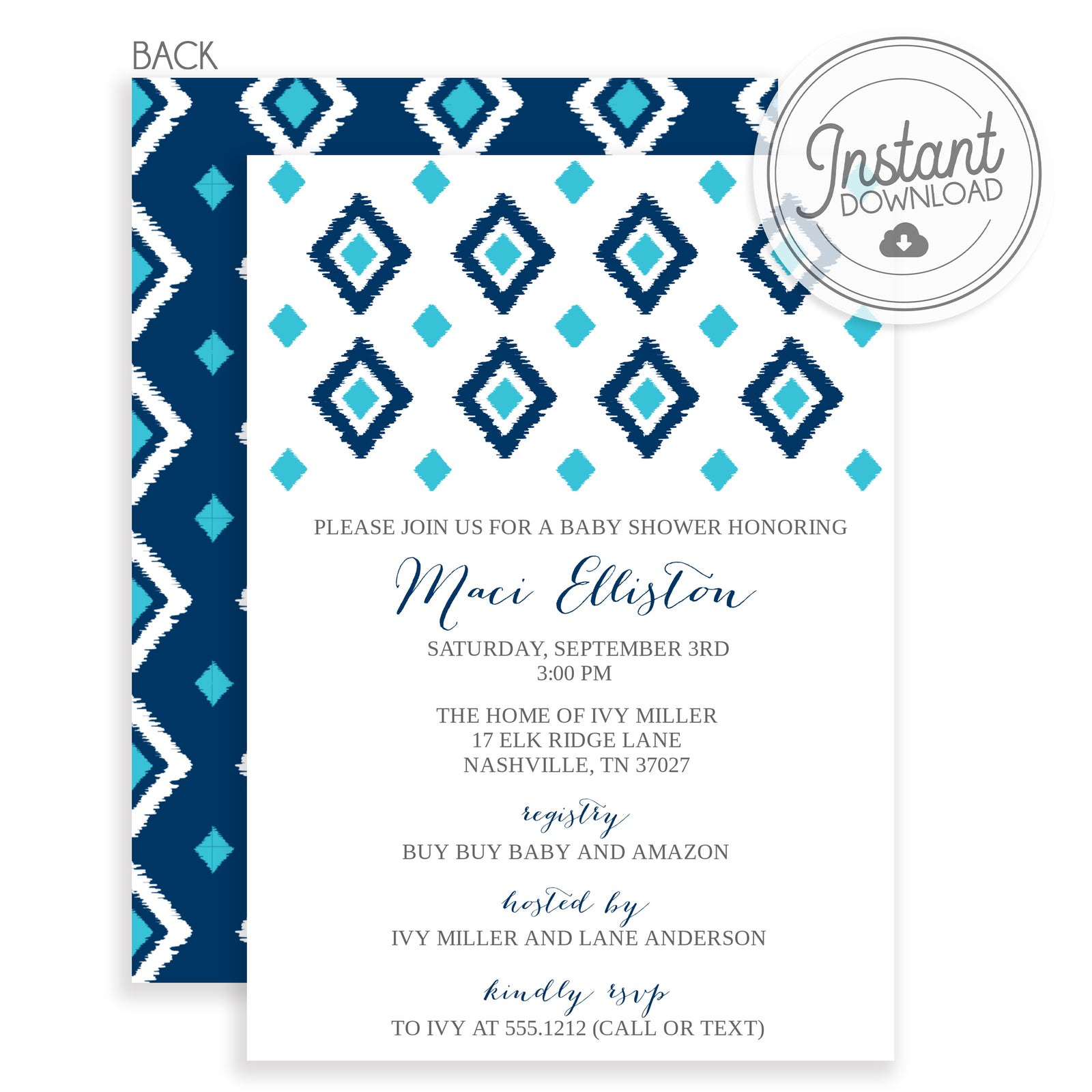 Ikat Baby Shower Invitation, blue (DIY Printable)