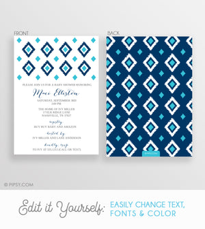 Ikat Baby Shower Invitation, blue (DIY Printable)