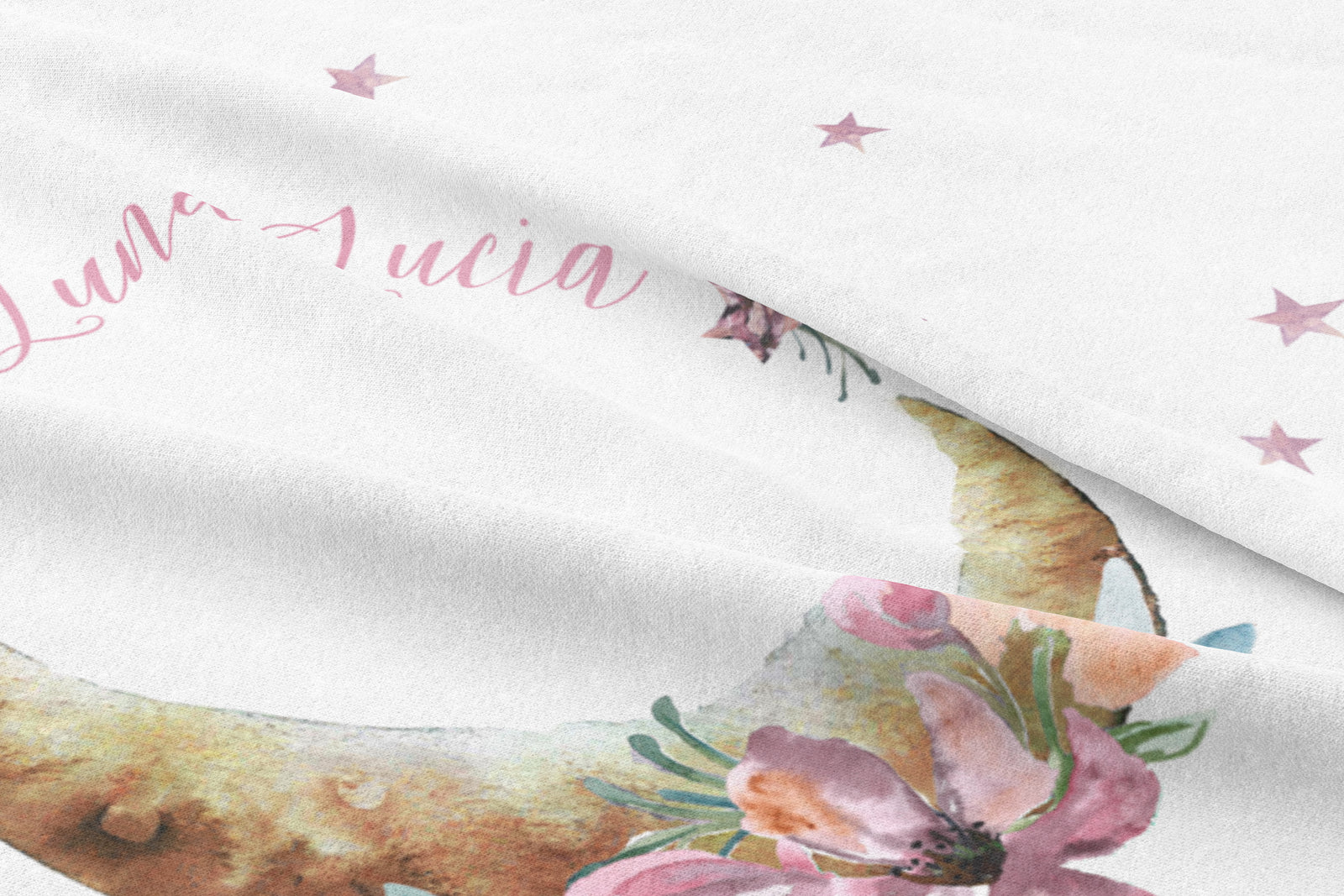Golden moon with blush flowers and stars | Personalized Crib sheet | Celestial | Moon and stars | Pipsy.com