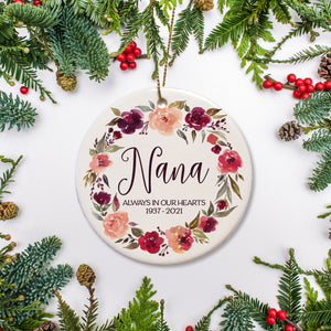 Beautiful remembrance Christmas ornament with the name of your loved one surrounded by a beautiful watercolor wreath. Always in our hearts with with the dates of your choice | PIPSY.COM