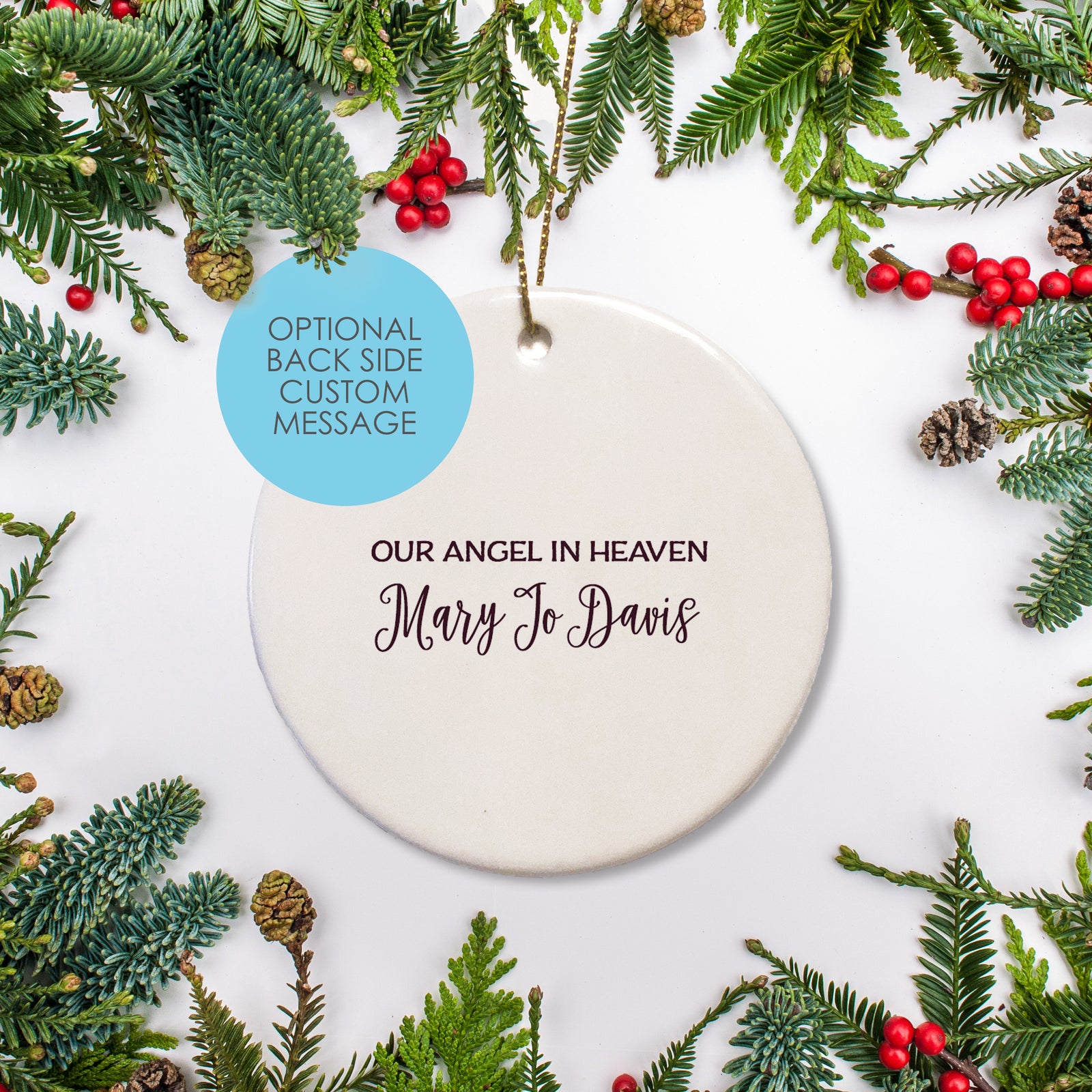 Beautiful remembrance Christmas ornament with the name of your loved one surrounded by a beautiful watercolor wreath. Always in our hearts with with the dates of your choice | PIPSY.COM