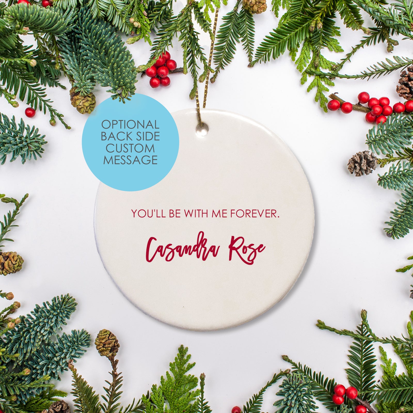 In loving memory of Personalzied Christmas ornament. A bunch of pink roses decorate the top of the ornament. Name and dates of your choice - remembrance keepsake gift for loved one | PIPSY.COM