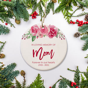In loving memory of Personalzied Christmas ornament. A bunch of pink roses decorate the top of the ornament. Name and dates of your choice - remembrance keepsake gift for loved one | PIPSY.COM