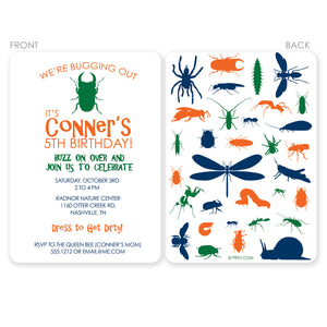 Bug Birthday Invitation featuring an assortment of insects and spiders. Great for a party at a nature center. Printed on thick cardstock, with 2 sided printing, rounded corners. Includes envelopes, front and back vie