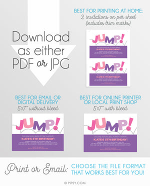 Jump Birthday Invitations, Pink & Purple (DIY Printable)