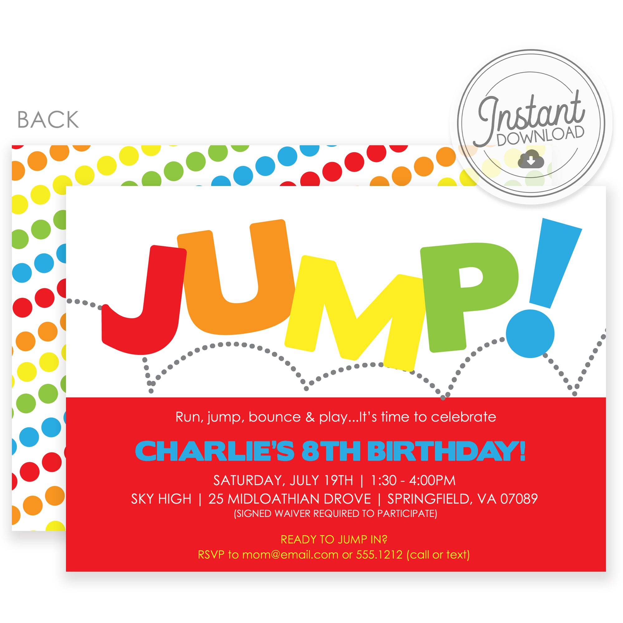 Jump Birthday Invitation | Templett Invitation | Instant Download | PIPSY.COM | Primary Colors