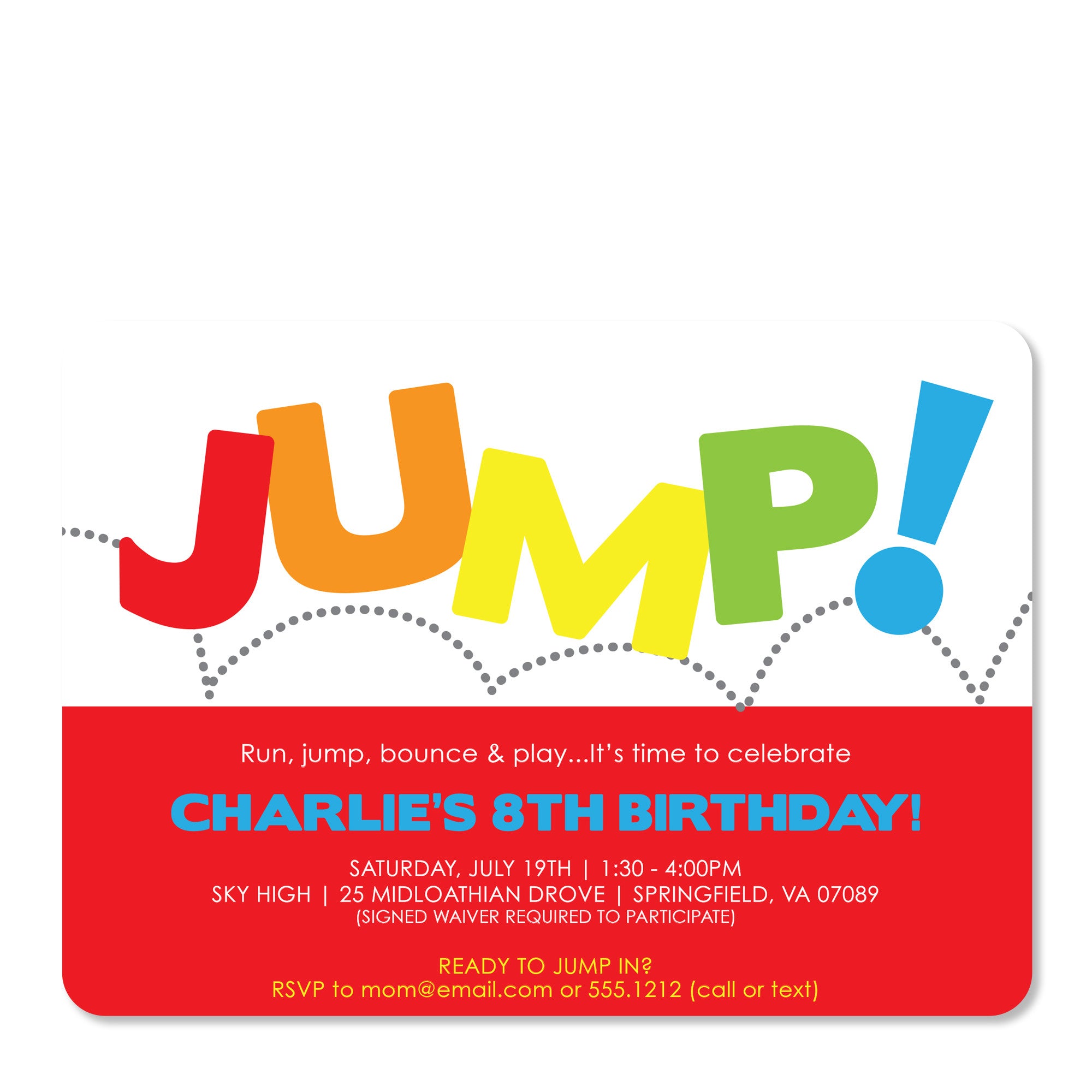 Jump Birthday Invitation, perfect for a backyard bouncy house or a trampoline park, printed on heavyweight cardstock from Pipsy.com, front view