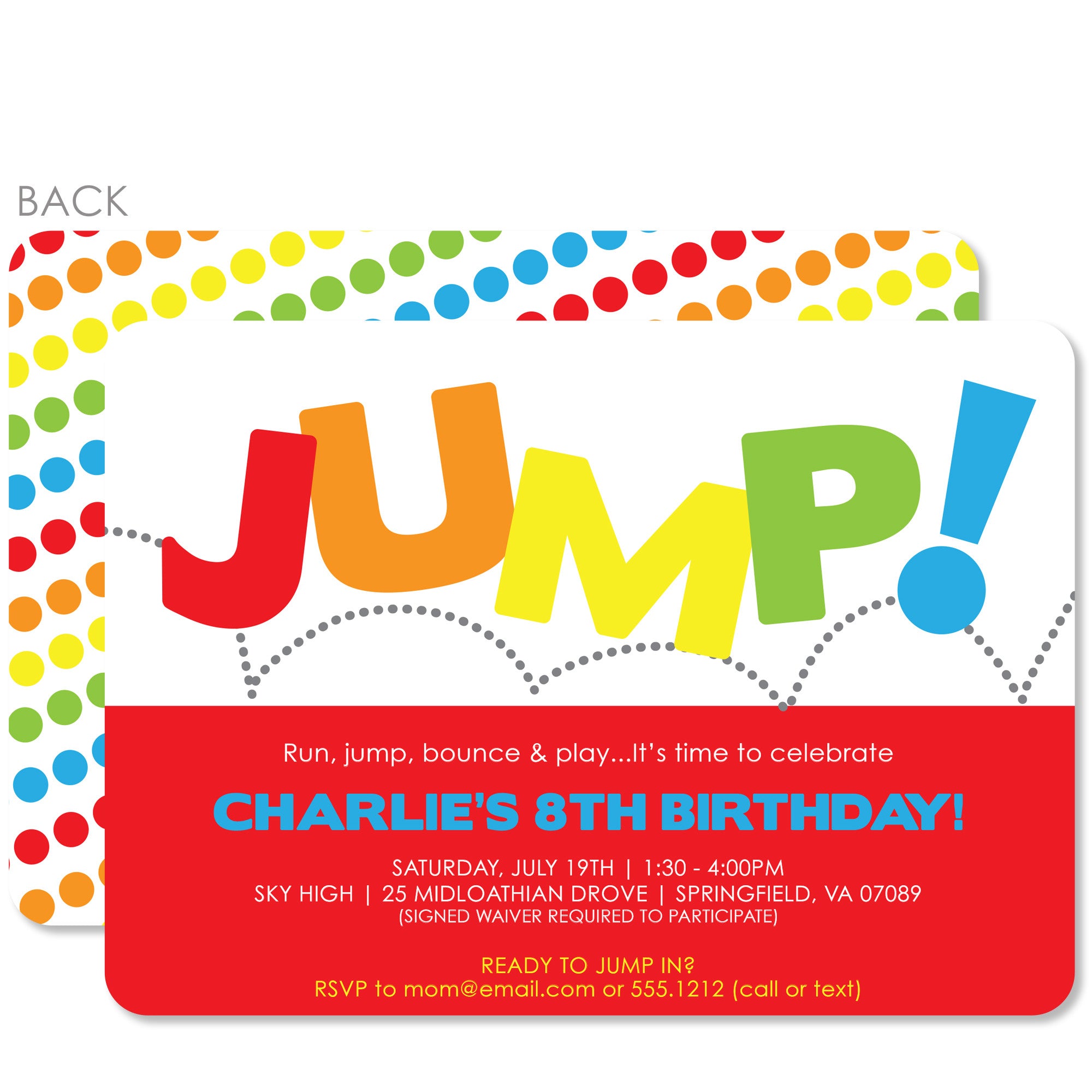 Jump Birthday Invitation, perfect for a backyard bouncy house or a trampoline park, printed on heavyweight cardstock from Pipsy.com