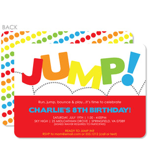 Jump Birthday Invitation, perfect for a backyard bouncy house or a trampoline park, printed on heavyweight cardstock from Pipsy.com