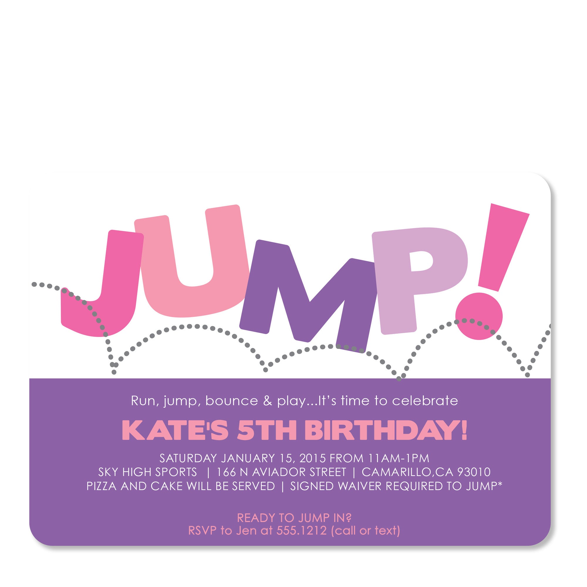 Jump Birthday Invitation, Printed on Premium heavyweight cardstock, perfect for a bouncy house or trampoline park | Pipsy.com, front