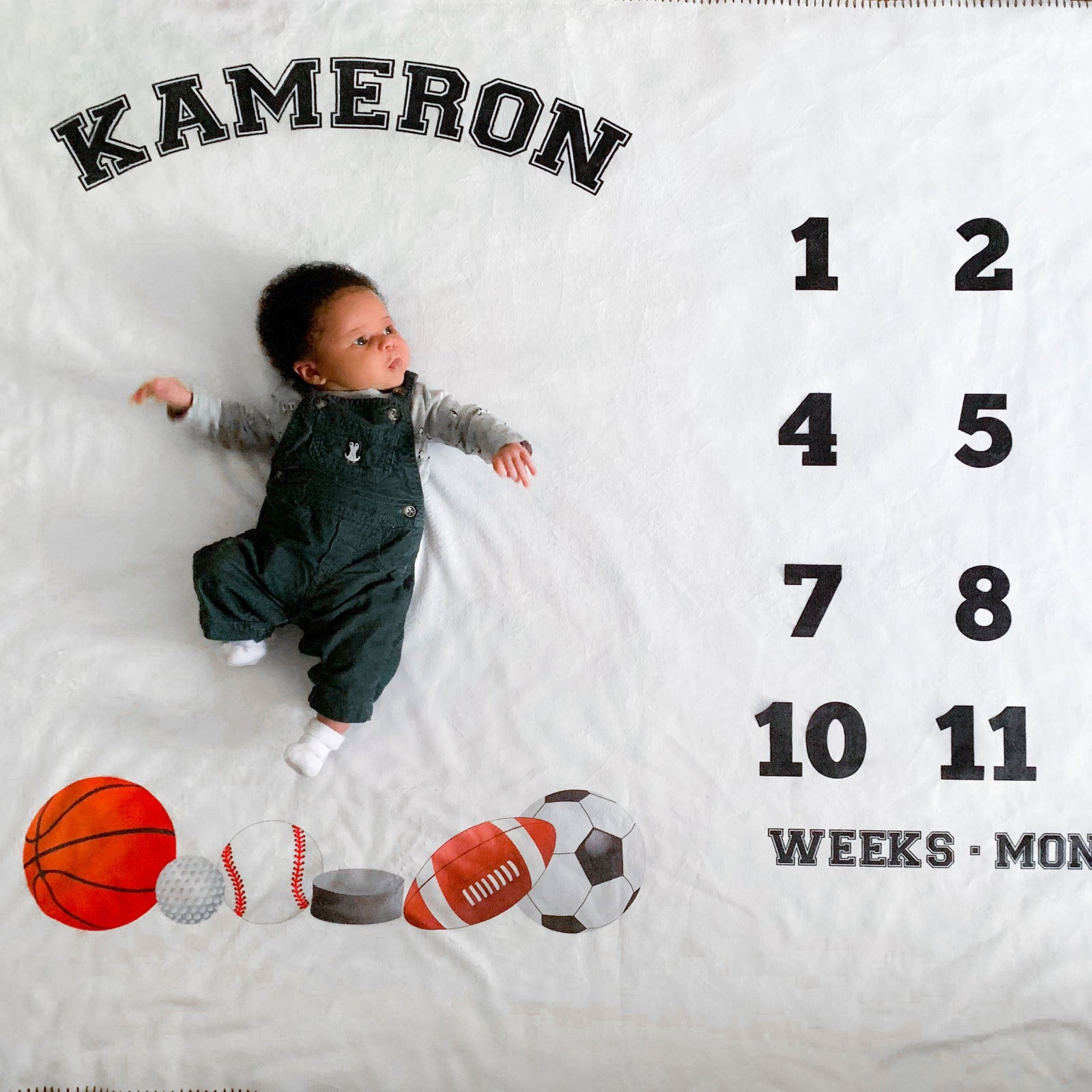 Sports Personalized Milestone Blanket, featuring a basketball, golf ball, baseball, hockey puck, football, and soccer ball