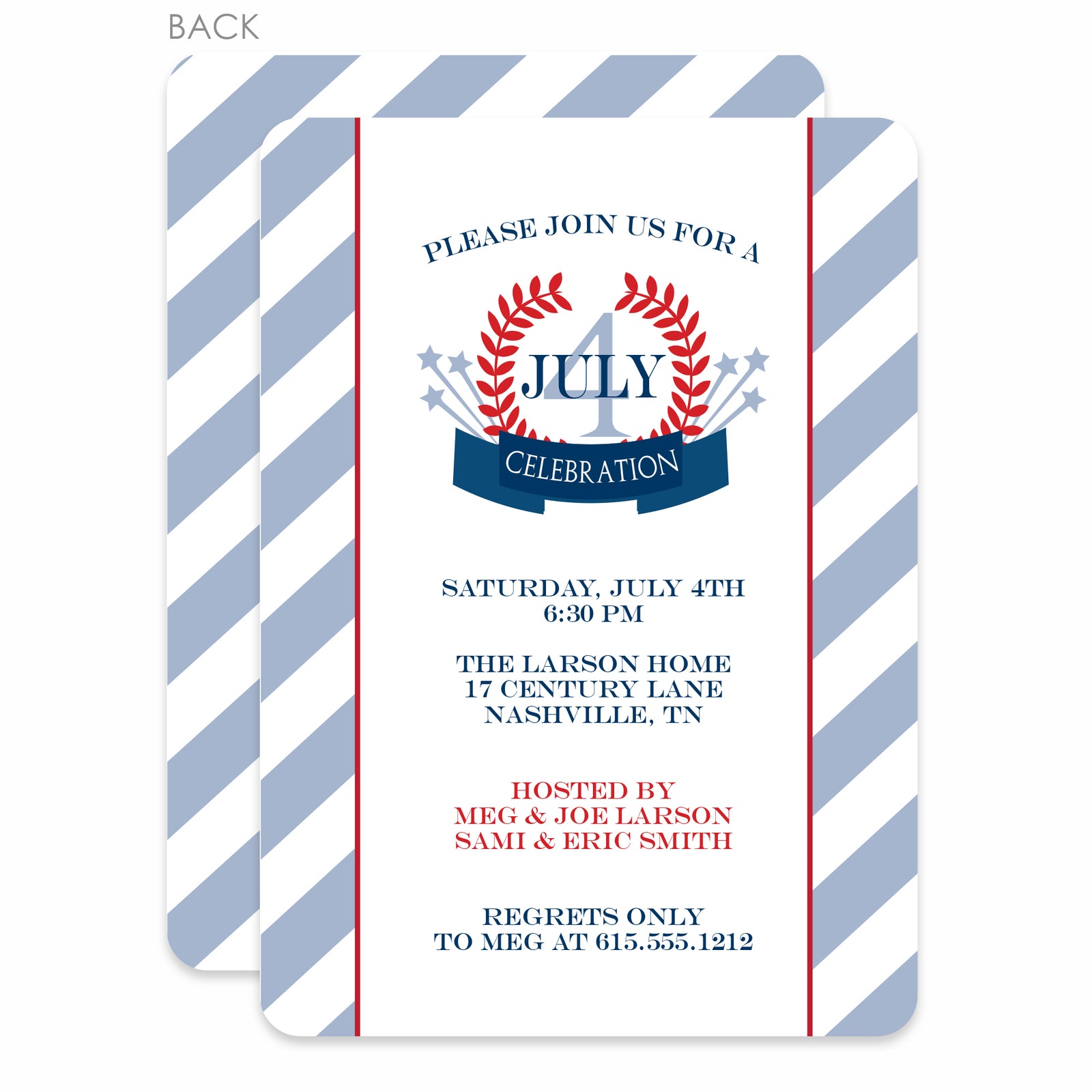 4th of July Invitation, Classic Laurel Design with Stripes, PIPSY.COM, printed on heavyweight cardstock