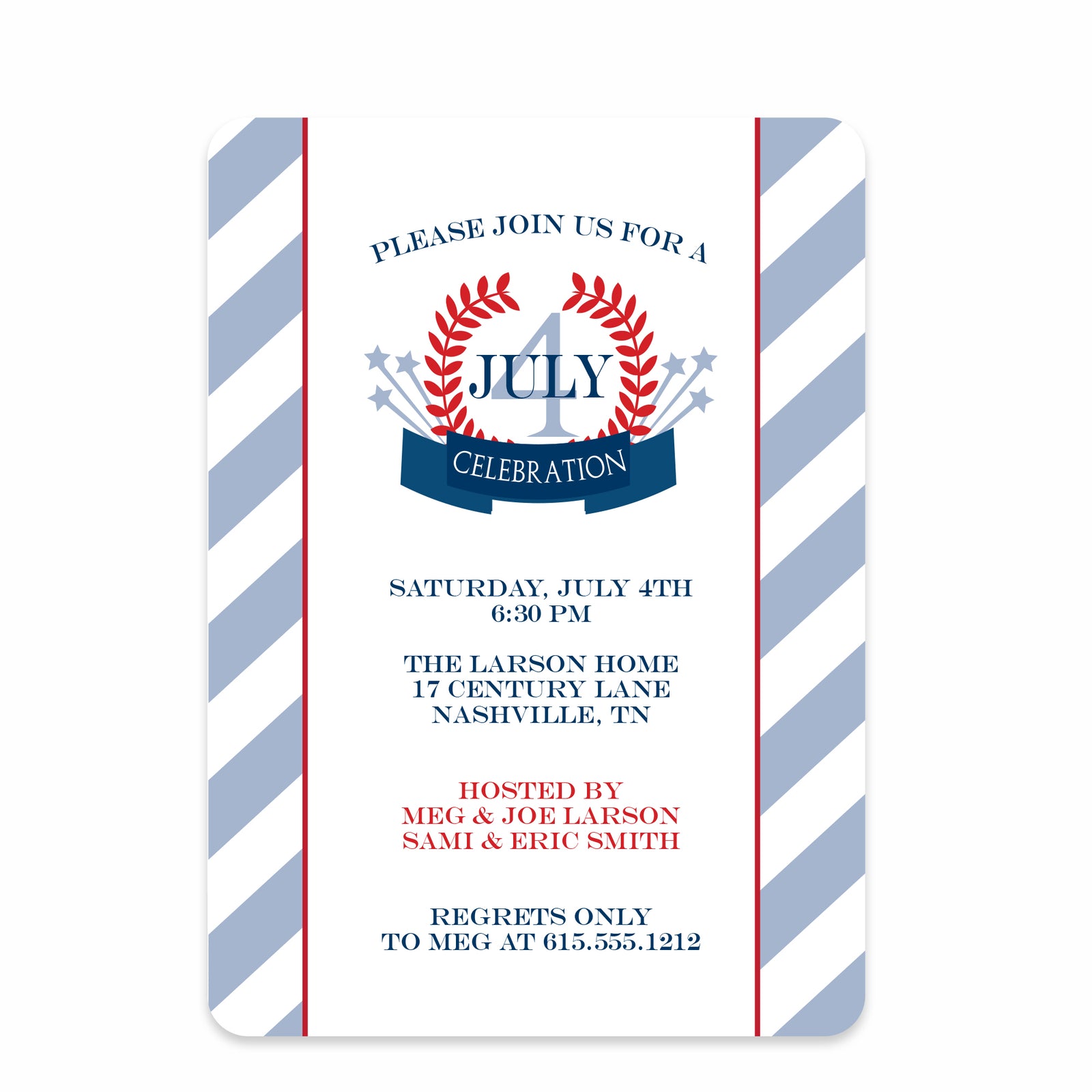 4th of July Invitation, Classic Laurel Design with Stripes, PIPSY.COM, printed on heavyweight cardstock