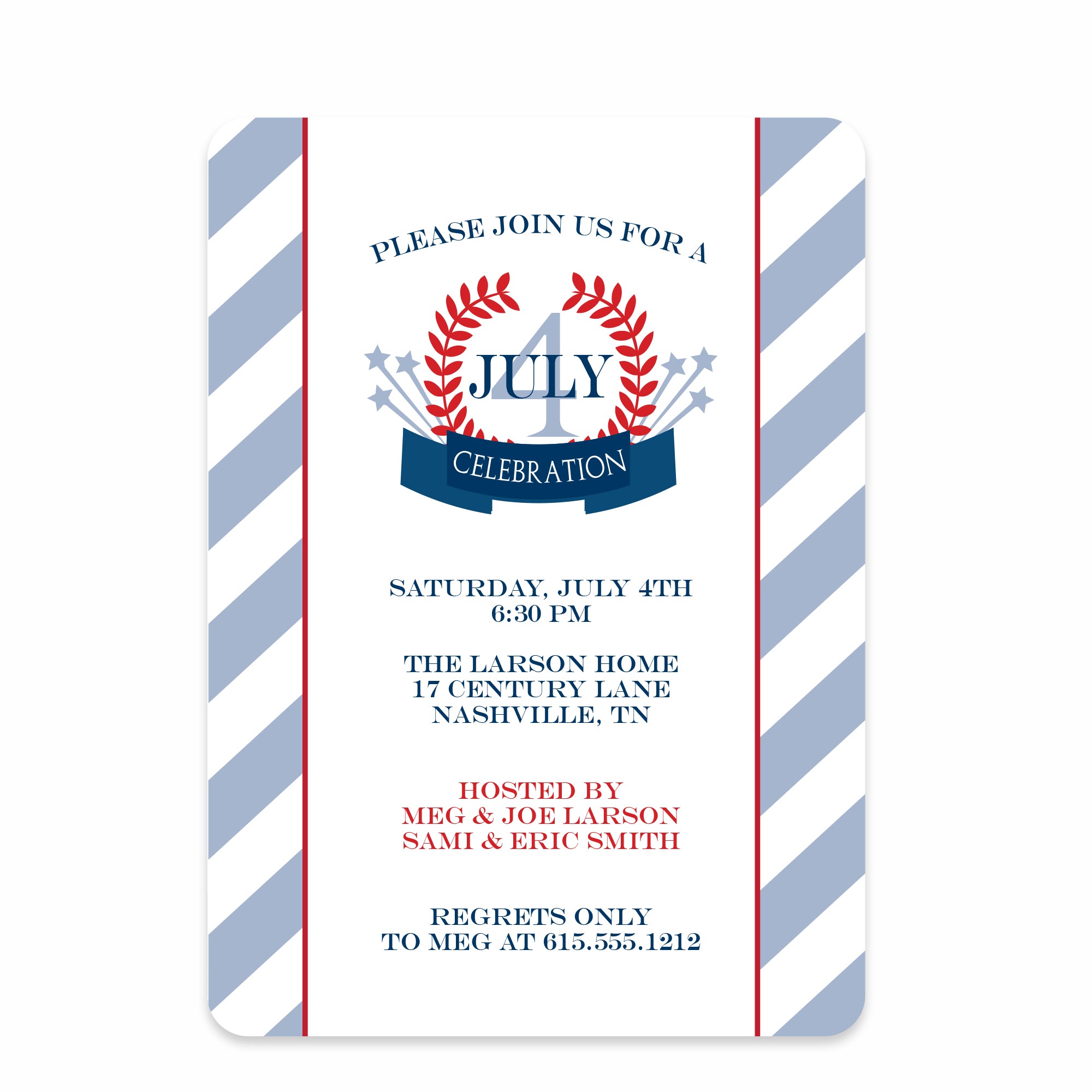 4th of July Invitation, Classic Laurel Design with Stripes, PIPSY.COM, printed on heavyweight cardstock, front