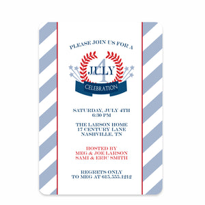 4th of July Invitation, Classic Laurel Design with Stripes, PIPSY.COM, printed on heavyweight cardstock, front