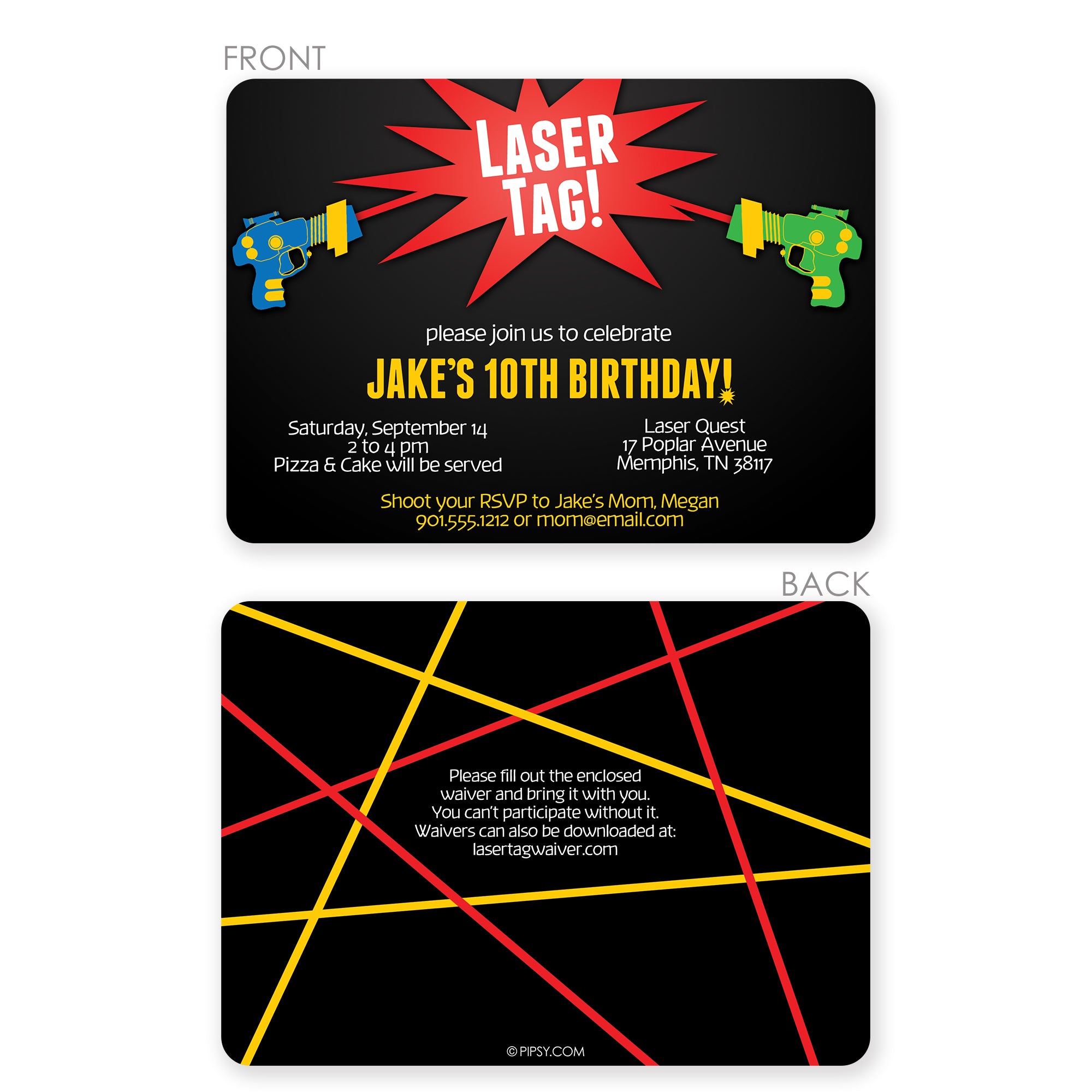 Laser Tag Birthday Invitations, printed on thick cardstock with 2-sided printing. Envelopes and a free proof are included