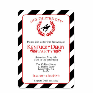 Kentucky Derby Invitation, Printed Cardstock with Envelopes, Laurel Design in Black and Red, Pipsy.com, Front View